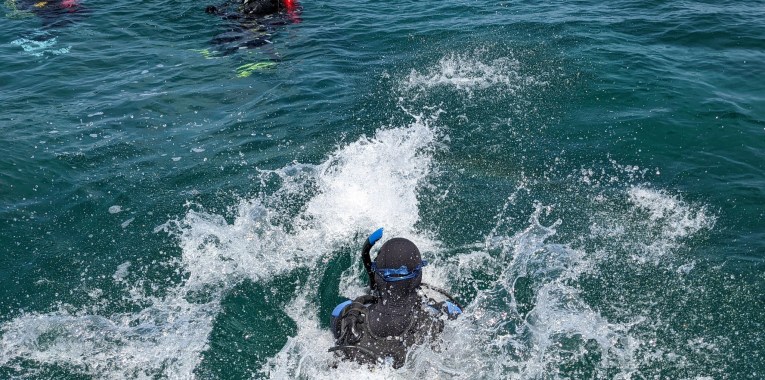 Diver plunging into water - with Blue North Scuba Club, Toronto